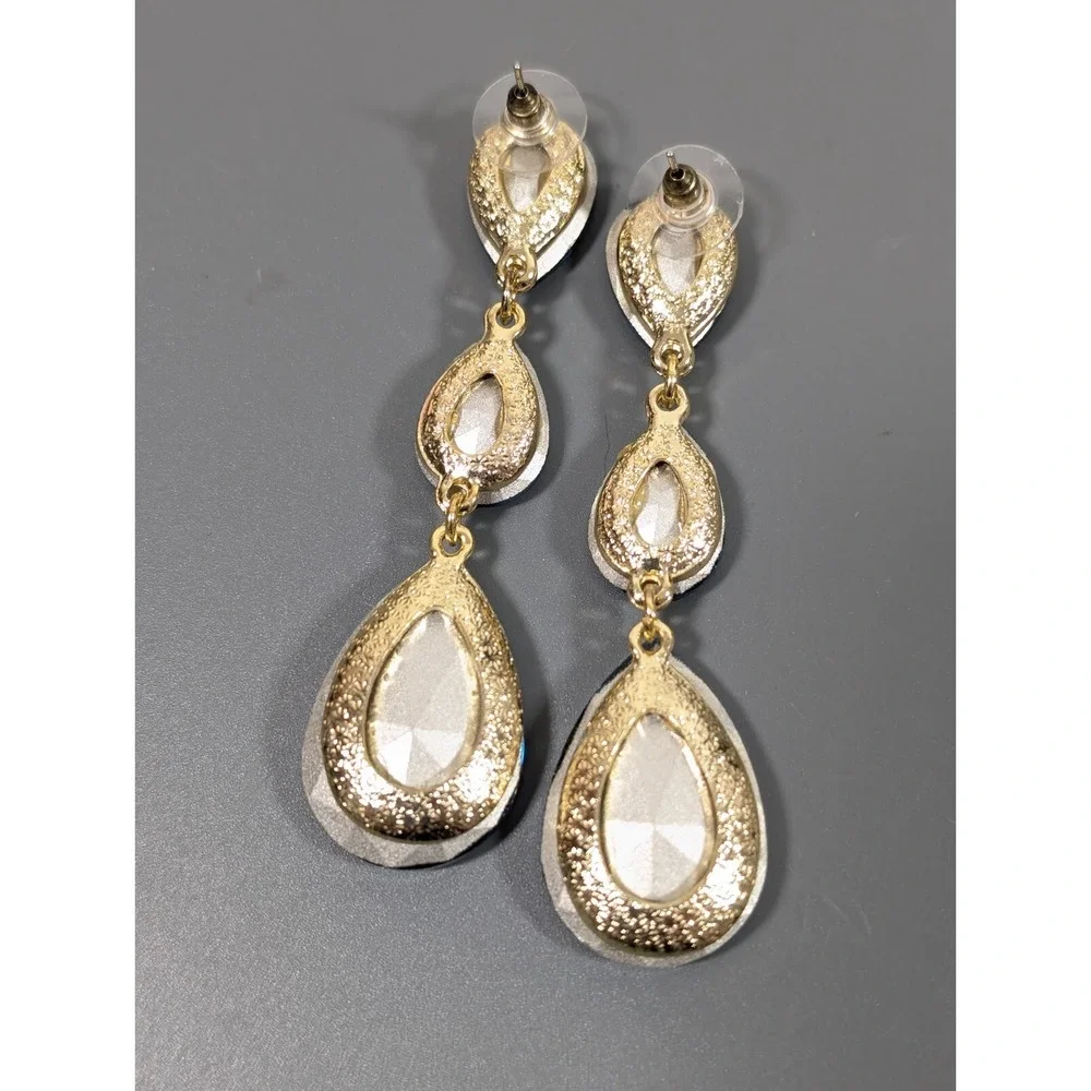 Blue Rhinestone Facet Teardrop‎ Dangle Earrings Evening Glam Chic Runway